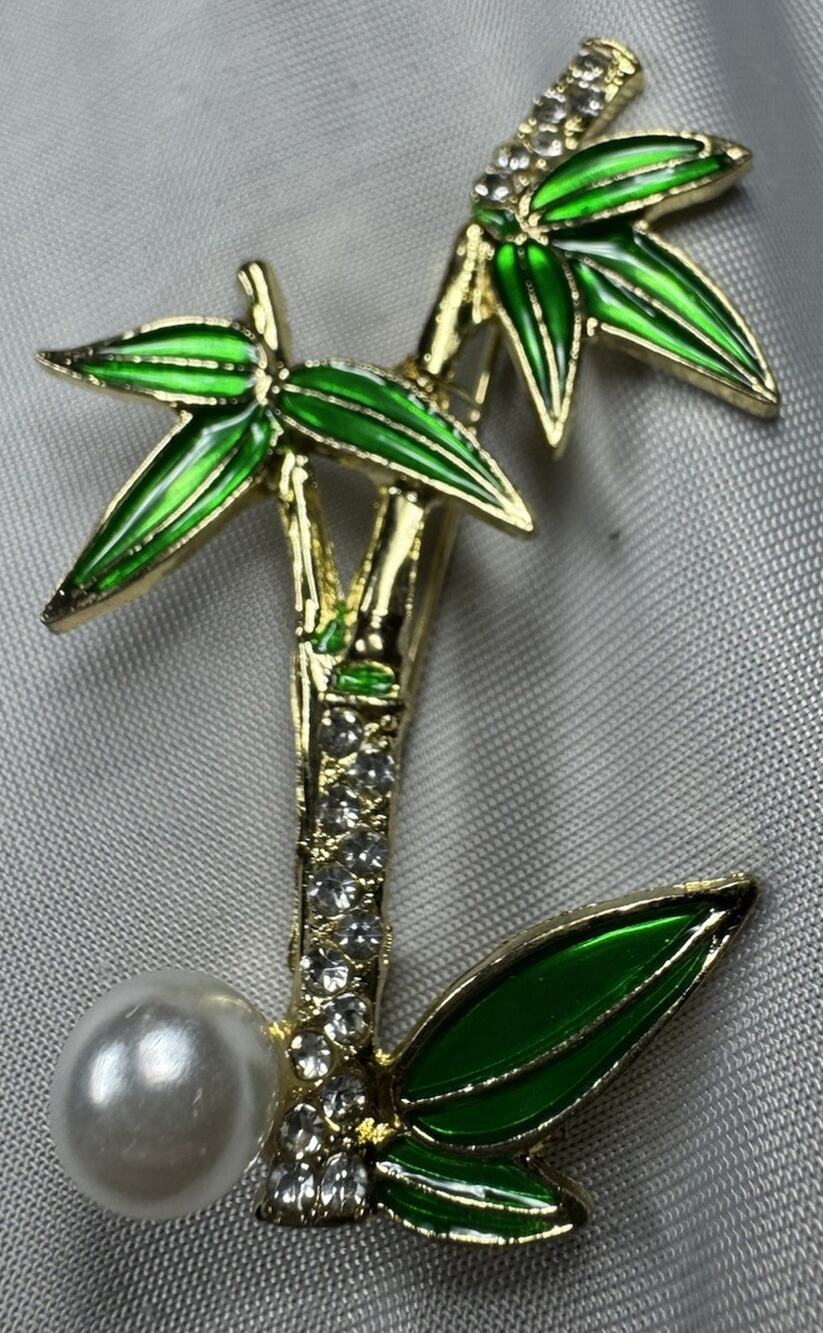 Green Enamel Bamboo Brooch Faux Pearl Rhinestone Gold Tone Botanical Leaf Pin